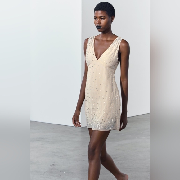 ZARA Woman Collection Short Mini Dress With Rhinestones Small - Picture 4 of 11